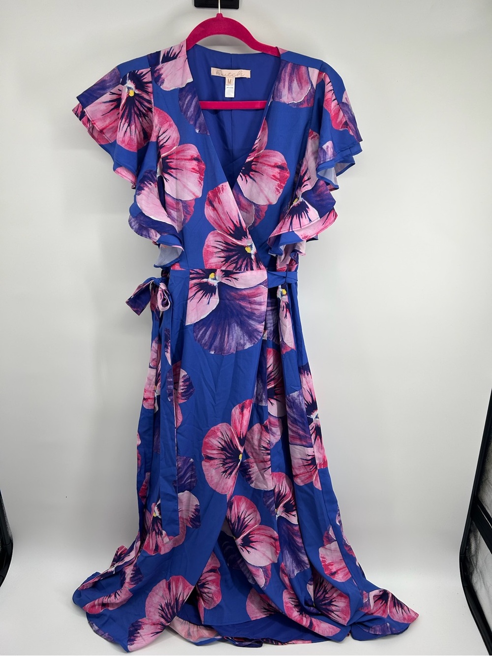 Blue Floral Wrap Maxi Dress with Pink Blooms